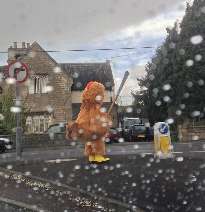 One chicken protest outside Kentucky Fried Chicken in Trowbridge