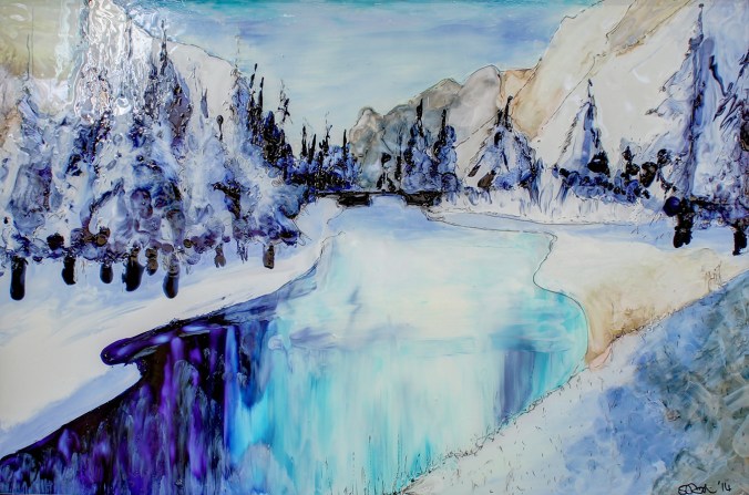 alpine reflections, an impressionist, freestyle glass painting  by serena pugh