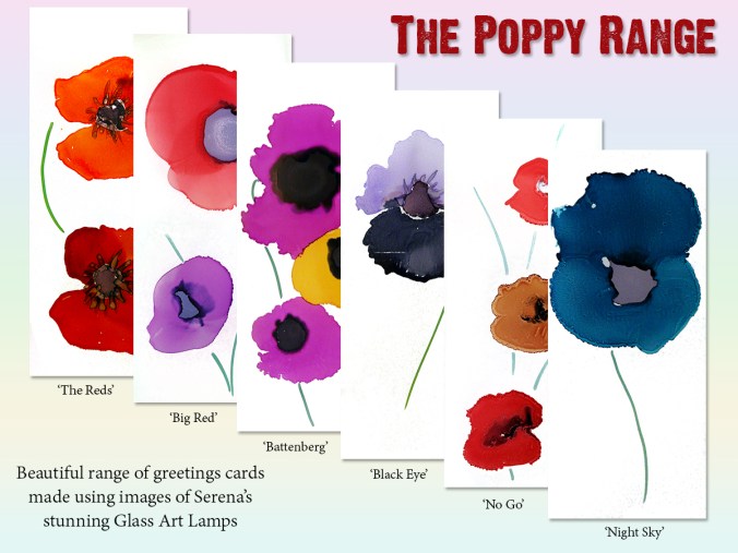 Greetings cards featuring images of serena pugh's glass art lamps